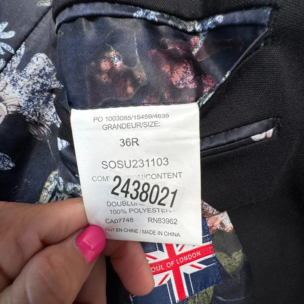 Soul of London Mens Blazer Jacket Black Floral Lining Two Button Sport Coat
